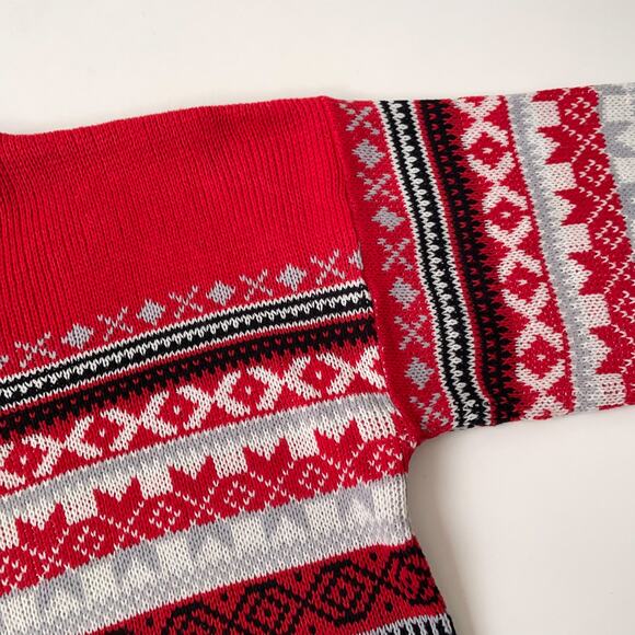 Vintage 90s Fair Isle Sweater Apres Ski Nordic Red Henley Cozy Knit Scandi XL - Picture 7 of 11